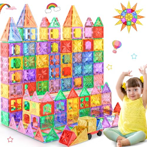 Perbabe Magnetische Bausteine, 61 Teile Magnetbausteine für Kinder mit starken Magneten Magnete Kinder 3D Lernspielzeug STEM Montessori Spielzeug mit Autos Magnetspiel Geschenke für 3 4 5 6 7 Jahre