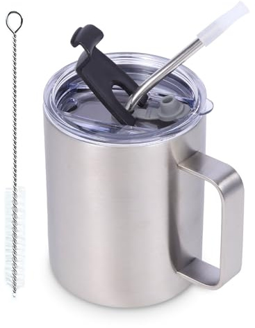 Volhoply 12oz Insulated Leakproof Coffee Mug with Sliding & Straw Lid,Double Wall Vacuum Stainless Steel Travel Cafe Tumbler Cup with Handle,Reusable Camping Mugs Keep Cold/Hot(Silver,1 Set)