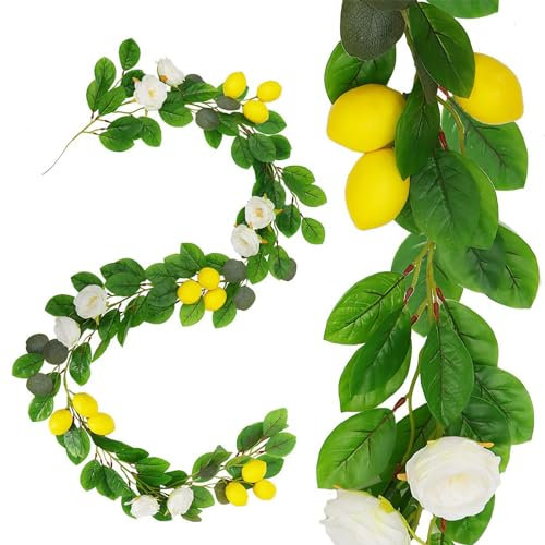 Liuyoyo Simulation Eucalyptus Citron Rotin, Citron Vignes Artificielles, Décoration de Mariage Guirlande de Citron en Rotin, Guirlande D'eucalyptus Printemps été avec Faux Citrons Fruits(1PCS-Vert)