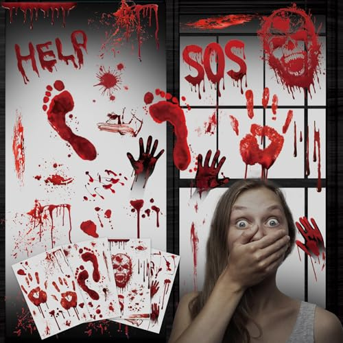 Lemicin Halloween Fensterdeko Fensterbilder Deko - 10 Blätter Halloween Deko Fenster Projektion Blut Aufkleber Handabdrücke Zombie Gruseldeko mit Narben Tattoos für Halloweenparty Spukhaus