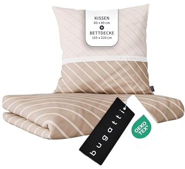bugatti Bettwäsche 155 x 220 cm - 100% Baumwolle, Reißverschluss, anschmiegsam, weich & waschbar, Mako Satinbettwäsche gestreift beige