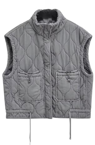 Gilet matelassé Y2K pour femme - Col montant - Sans manches - Fermeture éclair - Vêtements chauds avec poches - Hauts esthétiques, gris, Taille XS