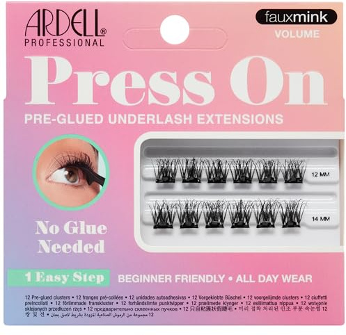 Ardell Press On Pre-Glued Underlash Eyelash Extensions, Faux Mink Volume Cluster Lashes Kit, Beginner-Friendly DIY Lash Extension Kit, Assorted Lengths, Mini Pack, 12 Lash Clusters