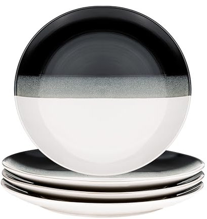 binsakao Ceramic Dinner Plates Set of 4,10.5 Inch Stone Porcelain Plates, Modern Shape Dinnerware Dishes Set for Kitchen, Microwave Dishwasher Oven Safe, Scratch Resistant, Black White