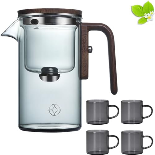 YUlLAN Tetera De Vidrio con Mango De Madera Y Separación De Agua, Mágica, De Brujería, con Colador e Infusor (1* Gris Humo +4 Tazas)