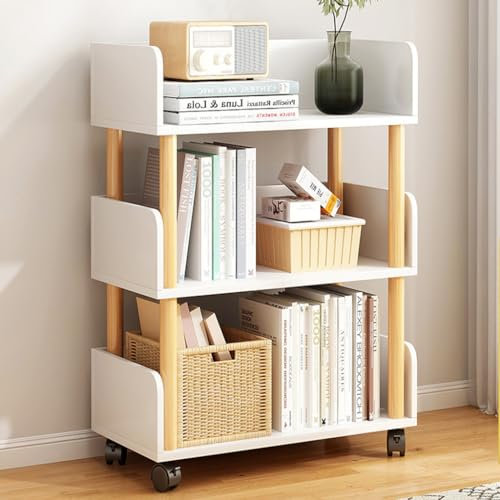 Mobiles Bücherregal aus Holz, 2 Etagen, mit Rollen für kleine Räume, kleines Bücherregal, Organizer für Schlafzimmer, Wohnzimmer, Zuhause