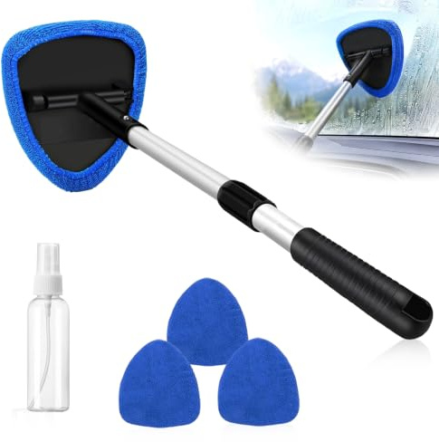5 Pcs Car Windscreen Cleaner,Car Cleaning Kit, Auto Window Cleaning Tool with 3 Reusable Microfiber Pads, Detachable Handle and Extendable Design, Windshield Wiper Kit for Inside Glass Cleaning(Blue)