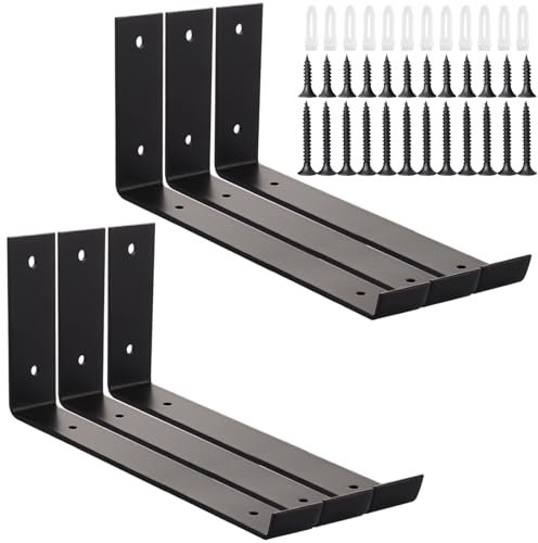 LOLYSIC 6Pcs Shelf Brackets 225mm / 8.8 Heavy Duty Scaffold Board Shelf Brackets with Lip, 4mm Thick Metal Floating Wall Mounted Sheleve Bracket Supports, Black
