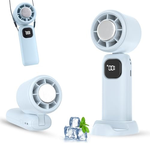 Ventilatore Portatile, ricaricabile tramite USB, a batteria, effetto refrigerazione a neve, 5 velocità regolabili, pieghevole, mini ventilatore con base per casa, ufficio, trucco, viaggi all'aperto