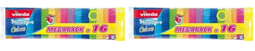 Vileda - Set de 16 bayetas Microfibras Colors, Colores Variados, 30 x 30 cm, 16 Unidades (Paquete de 2)