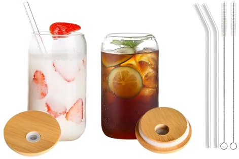 SFHKZCM Glass Tumblers with Lids & Straws 500ml Iced Coffee Cups for Bubble Tea, Smoothies, Cola Reusable Cold Drink Glasses with 2 Cleaning Brushes Cafe Style Beverage (2, 500, Millilitres)