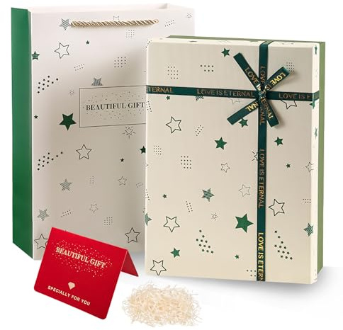 Geschenkbox 28x20x9cm, Geschenkkarton mit Deckel und Schleife, Geschenk Box Set mit Geschenktüten Rafia und Goldstempelgrußkarte, Geschenkkiste für Hochzeiten, Geburtstage, Jubiläum (Grün)