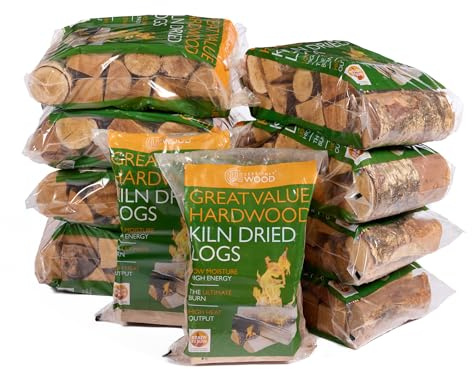 Certainly Wood Kiln Dried Hardwood Logs, 25cm Length, 10kg Bags, Ready to Burn for Stoves and Fireplaces (10 Bags)