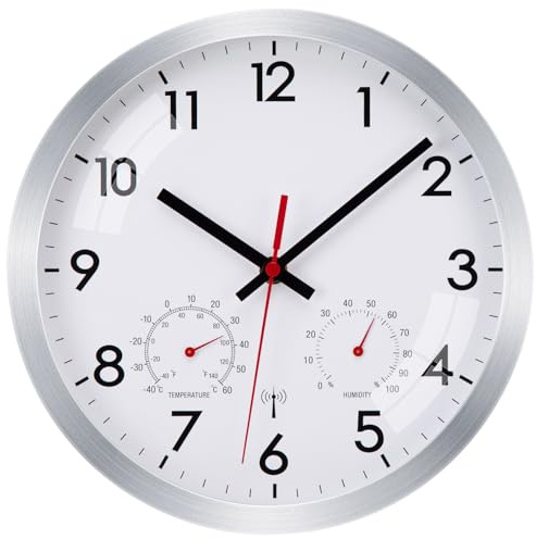 Epochic Wanduhr Funk mit Temperaturanzeige Küchenuhr Batteriebetrieben 25cm | Funkuhr Wand mit Feuchtigkeitsanzeige, Funkwanduhr mit Metallrahmen, Ideal für Wohnzimmer Küche Schlafzimmer Badezimmer Büro