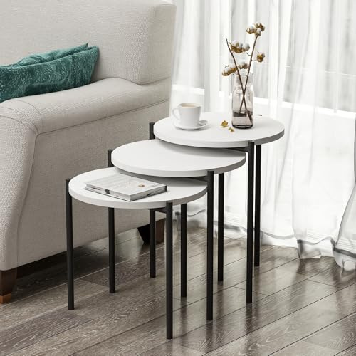 Homidea Zuba 3er-Set Satztische/Beistelltische – Runde Couchtische mit Metallbeinen, Modernes Design, Platzsparend, Ø40 cm (Weiß)