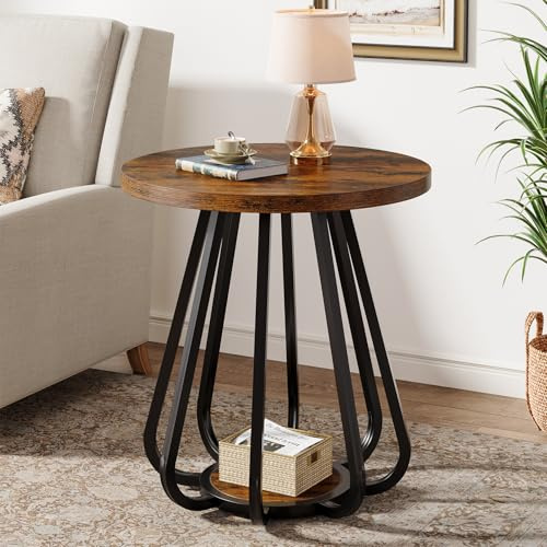 Tribesigns Kleiner Runder Beistelltisch, 2-stufiger Sofatisch mit Metallgestell und Unterer Ablage, Nachttisch aus Holz für kleine Räume, Wohnzimmer, Schlafzimmer, Vintage Braun & Schwarz