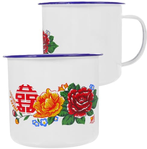 Homoyoyo Juego de 2 Tazas Vintage de Esmalte Blanco 700ml Estilo Chino Clásico Resistentes al Óxido y Daño para Preparar Té en Casa