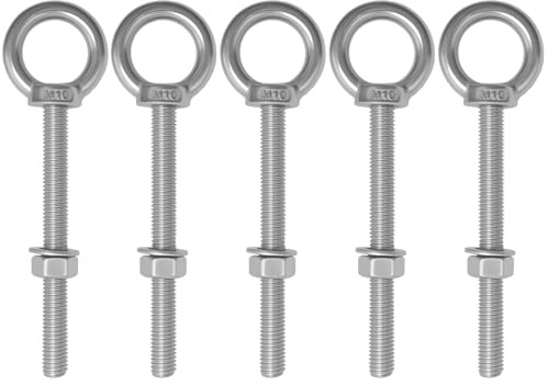 JUUDDENPARTS 5PCS M10 x 100mm Threaded Eye Bolts, Stainless Steel Marine Grade Shoulder Lifting Rings, Suitable for Rigging and Securing Ropes and Cables