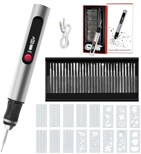 Werkstift Pro Gravierstift Kabellos, Hochpräziser Multifunktions Gravurstift für Holz, Metall, Glas bis 25.000 U/min, Leise & Vibrationsarm für präzise Gravuren (1x WerkStift PRO+gravierte Platte)