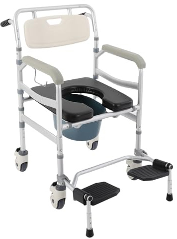 Klappbarer Toilettenstuhl bis 172KG mit Fußstütze & 4 Bremsrollen,91,5-96,5cm Höhenverstellbar Duschstuhl aus Aluminiumlegierung mit abnehmbarem Eimer,Multifunktions-Rollstuhl für Senioren