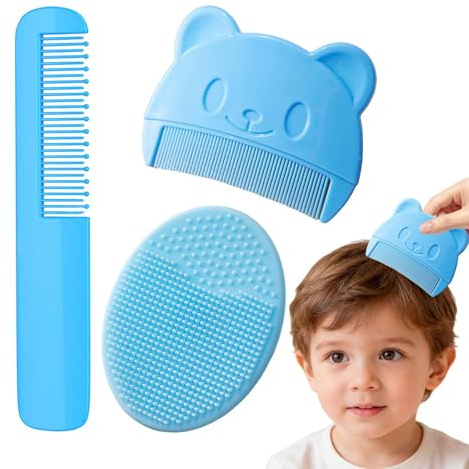 3Pcs Baby Bath Brush, Cradle Cap Brush and Comb,Silicone Massage Brush,2-in-1 Children's Comb, Baby Hair Brush Toddler Comb for Newborns & Toddlers(Blue) (Color:Blue)