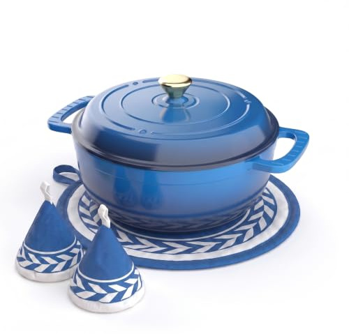 ROVSON Enamelled Cast Iron Dutch Oven, Casserole Dish with Lid and Silicone Gloves, Oven Safe Pot for Bread Baking, Braising and Stews (Cobalt Blue, 5QT)