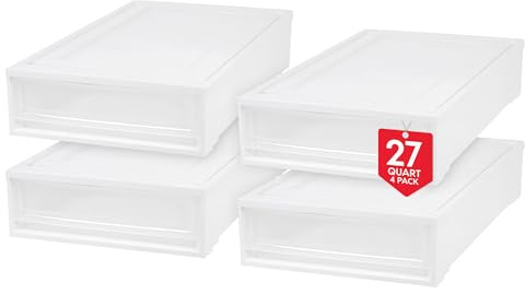 IRIS USA 27,5 Qt Contenitori in plastica sotto il letto con cassetti organizer scorrevoli, confezione da 4, contenitori impilabili per vestiti, biancheria e scarpe, bianco