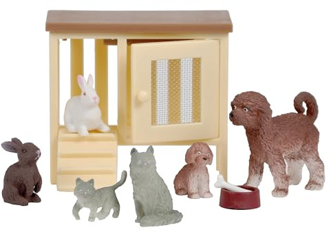 Lundby husdjur för dockhus – 9 delar – dockhus tillbehör – hund – katt – kanin – figur – djur – kattungar – valpar – tillbehör – från 4 år – minidockor 1:18