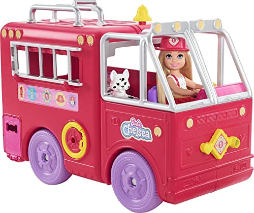 Barbie Chelsea Can Be Serie, Chelsea Puppe mit Feuerwehrauto, Feuerwehr Outfit Zubehör, 12+ Teile inkl. Dalmatiner, Geschenk für Kinder, Spielzeug ab 3 Jahre,HCK73