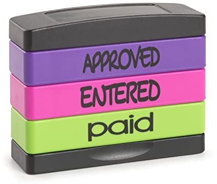 Stakz Pre-Inked Message Stamp – Approved, Entered, Paid - Purple, Pink, Green Ink – Impression Size: 5/8” x 1-13/16”