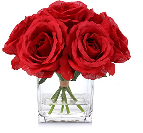 rubystory Rote Rosen Seidenblumen in Vase mit künstlichem Wasser, künstliche Rose mit Vase für Heimdekoration im Innenbereich, Hochzeitstisch (rot)