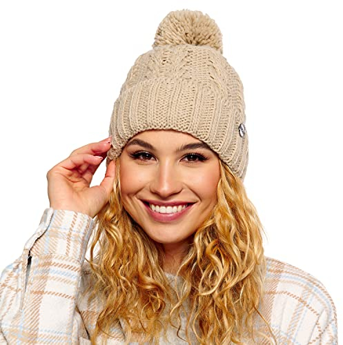 ELIMELI Damen Winter Mütze warme Strickmütze Wintermütze mit Bommel Slouch Beanie Damen für Winter Bommelmütze Hergestellt in EU Farbenauswahl 19005 (Beige)