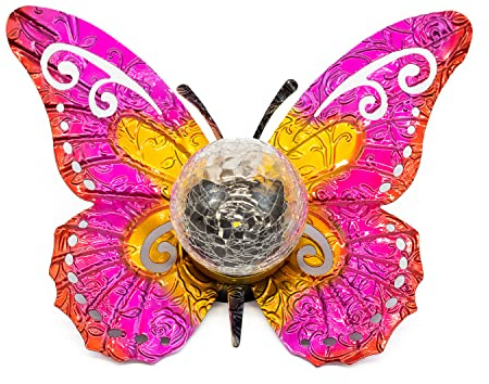 Gardenwize - Solar-Powered Butterfly Garden Stake Light with Crackle Glass Ball – Decorative Metal Solar Garden Ornament, Outdoor Stake Light for Gardens