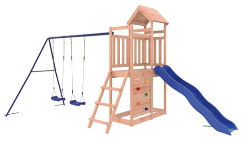 vidaXL Spielturm, Klettergerüst mit Rutsche Schaukel Kletterwand, Kinder Kletterturm mit Holzdach, Spiel-Zubehör für Garten, Holz Spielplatz, Massivholz Douglasie