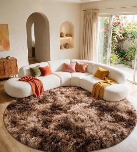 MARATIP Teppich Wohnzimmer Braun Ø 120 cm Flauschig Weich | Hochflor-Teppich, waschbar, rutschfest, weich. Perfekt für Schlafzimmer, Esszimmer und Kinderzimmer.