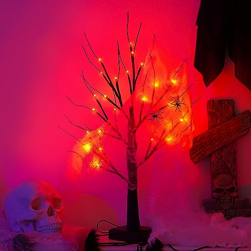 Halloween Deko LED Baum Licht mit 24 LEDs, Halloween Lichterbaum Spinne Spinnennetz für Innen Halloween Baum Deko Bäumchen Lichterbaum Für Halloween Tisch Herbstdeko Zum Aufhängen (Spinne Deko)