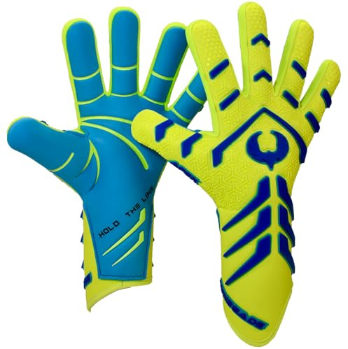 Renegade GK Apex Xtreme Professional Strapless Goalie Gloves | 4mm EXT Contact Grip | Neon Yellow & Blue Soccer Goalkeeper Gloves (Size 9, Youth-Adult, Evo Neg. Cut, Level 5.5)