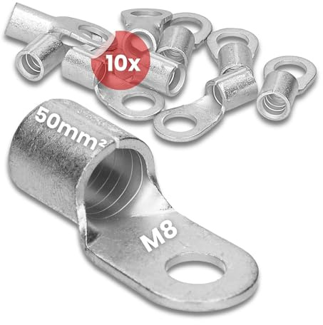 Kalitec 10x Quetschkabelschuh 50mm² M8 - Ringkabelschuh Unisoliert DIN | Elektrolyt-Kupfer Kabelverbinder für Dornpressung - Für fein- & feinstdrähtige Leiter - Quetschverbinder Set Blank