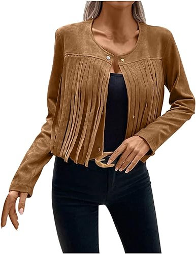 2024 Chaqueta con Flecos para Mujer, Chaqueta de Cuero de Gamuza Chaqueta Corta con Flecos de Manga Larga para Motociclista Chaqueta Informal Disfraz de Hippie Chaqueta para Mujer