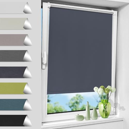 Allesin Verdunklungsrollo ohne Bohren, Fenster rollos für innen, 100% verdunkelungsrollo,Dunkelblau B45 x H150 cm, Thermorollo Hitzeschutz, Klemmrollo lichtundurchlässig für Fenster