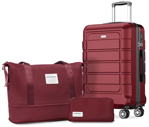 SHOWKOO Koffer Groß Hartschale Leicht ABS+PC Erweiterbar Reisekoffer Haltbar Handgepäck Sets 4 Rollen TSA-Schloss mit 1 Reisetasche und 1 Kulturtasche, XL -Rot
