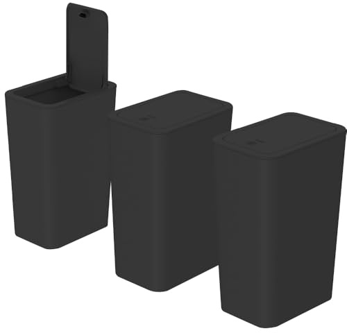 3pcs 9L Slim Touch Top Lid Bathroom Bin - Dog Proof (Black) for Bedroom, Office, Living Room, Kitchen, Toilet