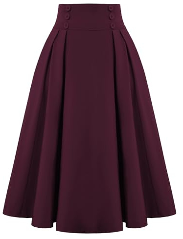 Belle Poque Vintage Damenrock mit Hoher Taille und Knöpfen vorne Slim Fit Swing Rock mit Taschen XL