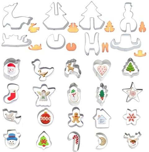 KATIMI 28 Pièces Mini Emporte Piece Noel Patisserie, Emporte Piece Biscuit Noel en Acier Inoxydable, 3D Emporte-piece Noel pour Pâtisserie, Emporte-pièces de Noël pour Arbre Renne Bonhomme de Neige