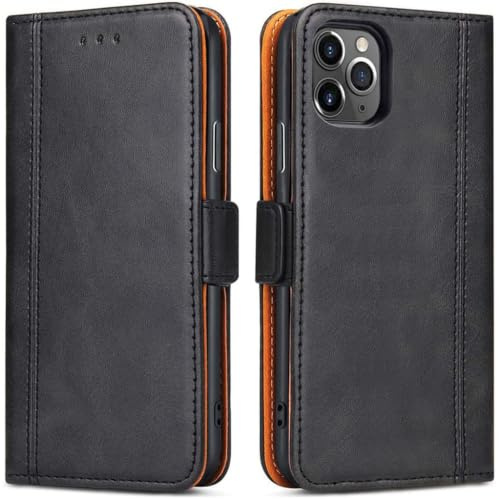 ROJIOJIO Handyhülle für iPhone 11 Pro, Leder Handytasche Kartenfach Klappständer Magnetisch Lederhülle für Apple iPhone 11 Pro Hülle, Schwarz