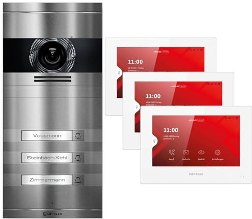 Metzler VDM10 2.0 Video Sprechanlage Komplett Set mit austauschbarem Namensschild - Anschluss 2-Draht - Türsprechanlage mit HD-Kamera und Bildschirm für 3 Familienhaus, aus rostfreiem V2A Edelstahl