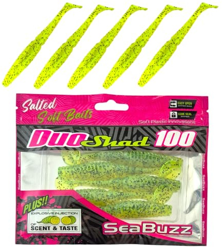 SEABUZZ Gummifische Angelköder Set Duo Shad 5Stk x 100mm - Hecht Forelle | Barsch Gummiköder - Zander Wels Kunstköder - Raubfisch Angelnset - Süß- & Salzwasser Angelausrüstung