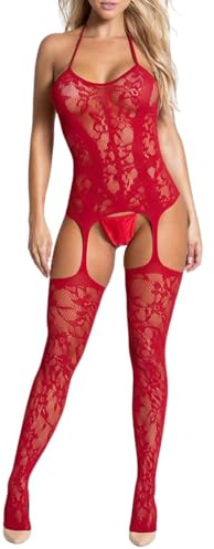 Lingerie Sexy Femme Bodystocking en Résille Transparente Combinaison Fishnet Dentelle avec Porte-Jarretelles, Body Une Pièce Érotique Bas de Nuit Ensemble Nuisette Dos Nu Manches Longues (Rouge)