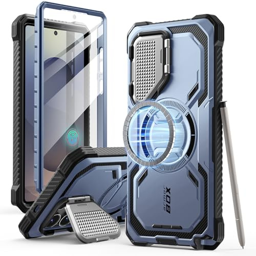 i-Blason Armorbox Cover per Samsung Galaxy S25 Ultra con Protezione della Fotocamera, Custodia Magnetica e Resistente con Pellicola Protettiva per lo Schermo e Cavalleto per S25 Ultra (Blu)