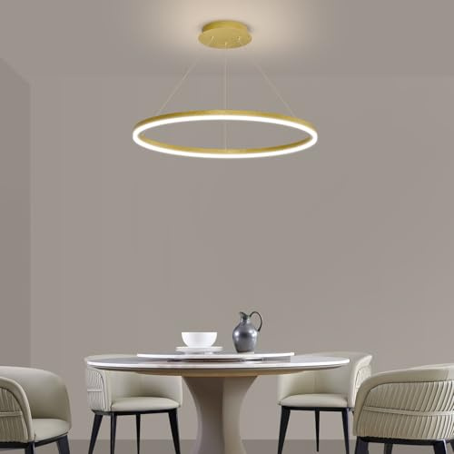 Mikeru LED Pendelleuchte Rund 60cm, Modern Pendelleuchte 1 Ringe Gold Dimmable 10% bis 100% Hängelampe Mit Fernbedienung 3000K/4500K/6500K Deckenleuchte Hängelampe Esstisch für Küche